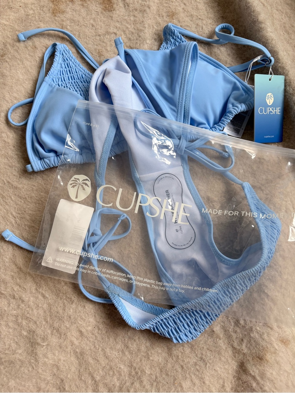 Cupshe Light Blue Smocked Triangle Bikini Set - Picture 9 of 11
